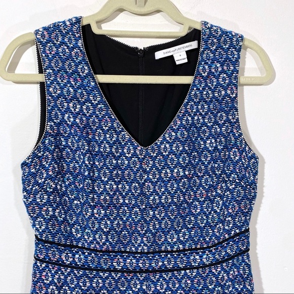 Diane Von Furstenberg Leelou Blue Tweed Metallic Sheath Dress 4 - Picture 3 of 7